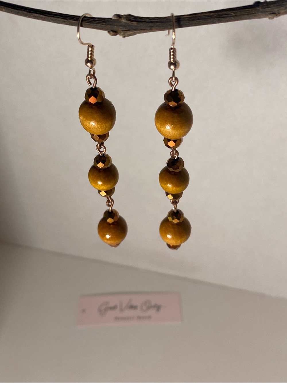 Good Vibes Only Warm Wood beads with faceted copper-brown crystal beads!